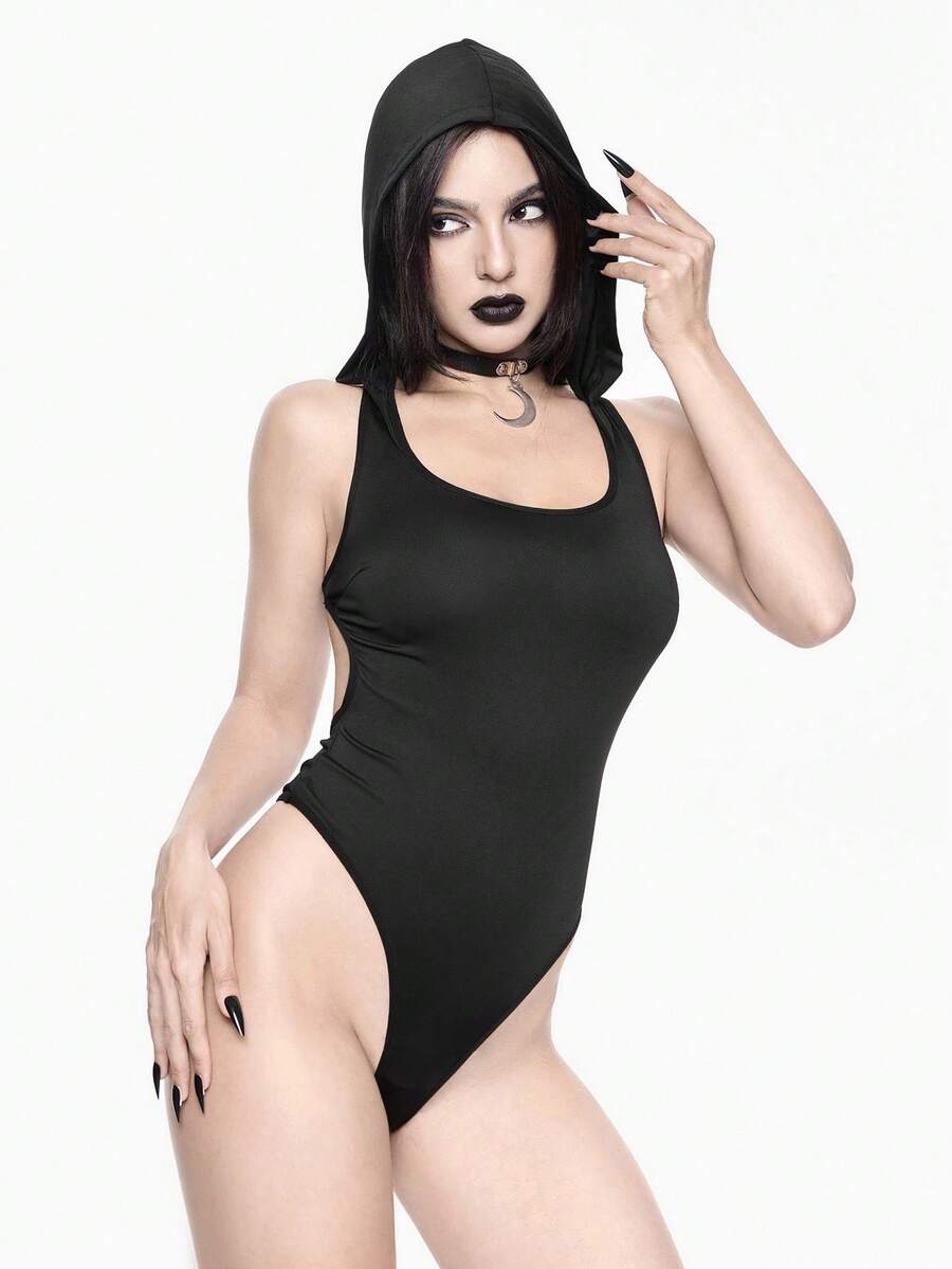 Black gothic backless lingerie 2-piece set featuring crossback spaghetti straps, bow tie back detail, and low-rise wireless fit.