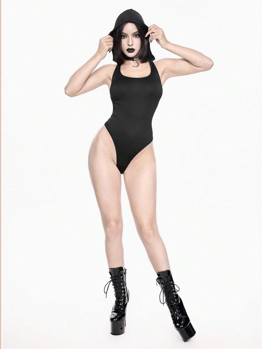 Black gothic backless lingerie 2-piece set featuring crossback spaghetti straps, bow tie back detail, and low-rise wireless fit.