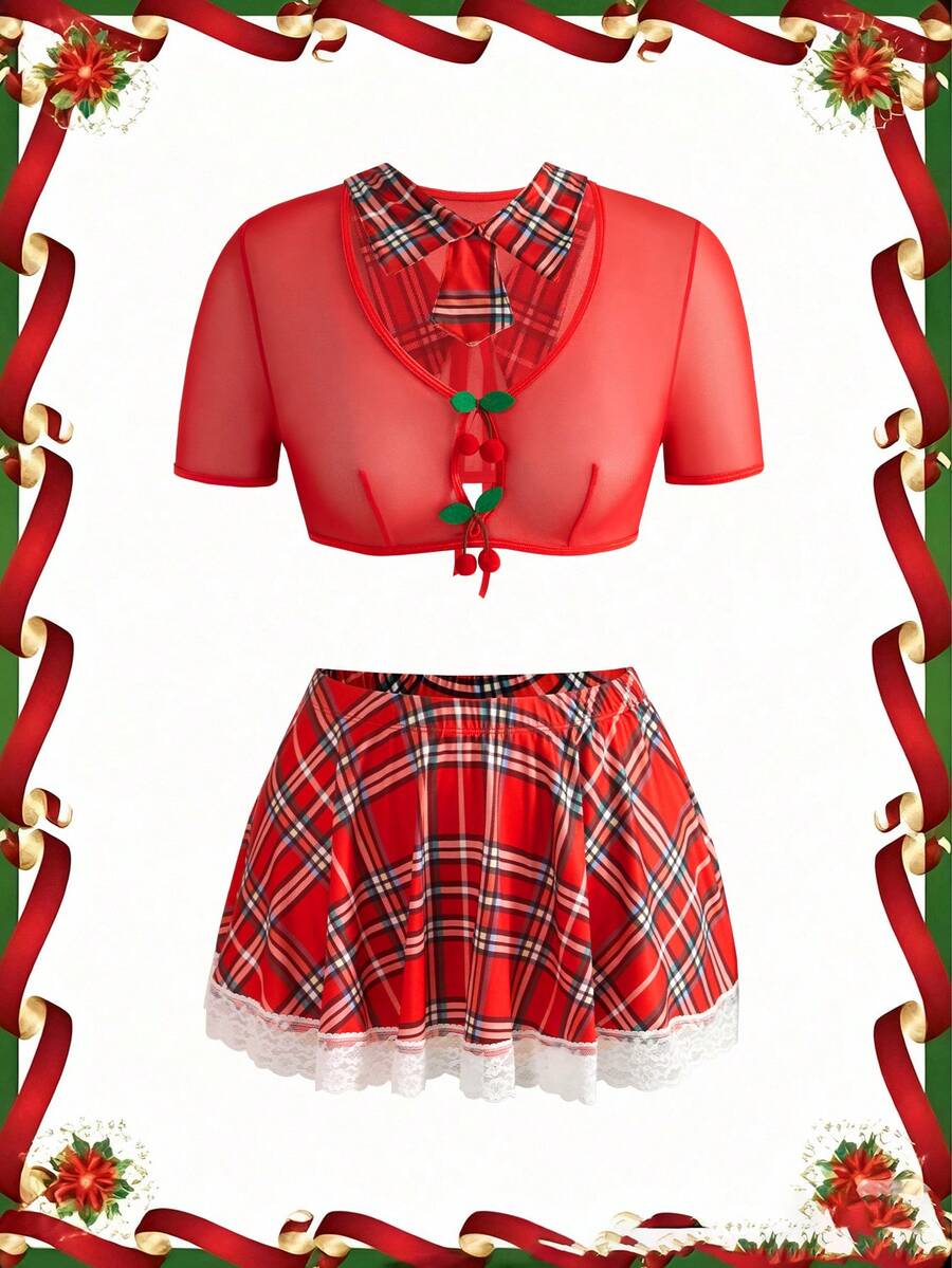 Red 3-piece women's Christmas lingerie set featuring lace patchwork mesh plaid bralette with keyhole neckline, high-rise V-string panty, and short skirt