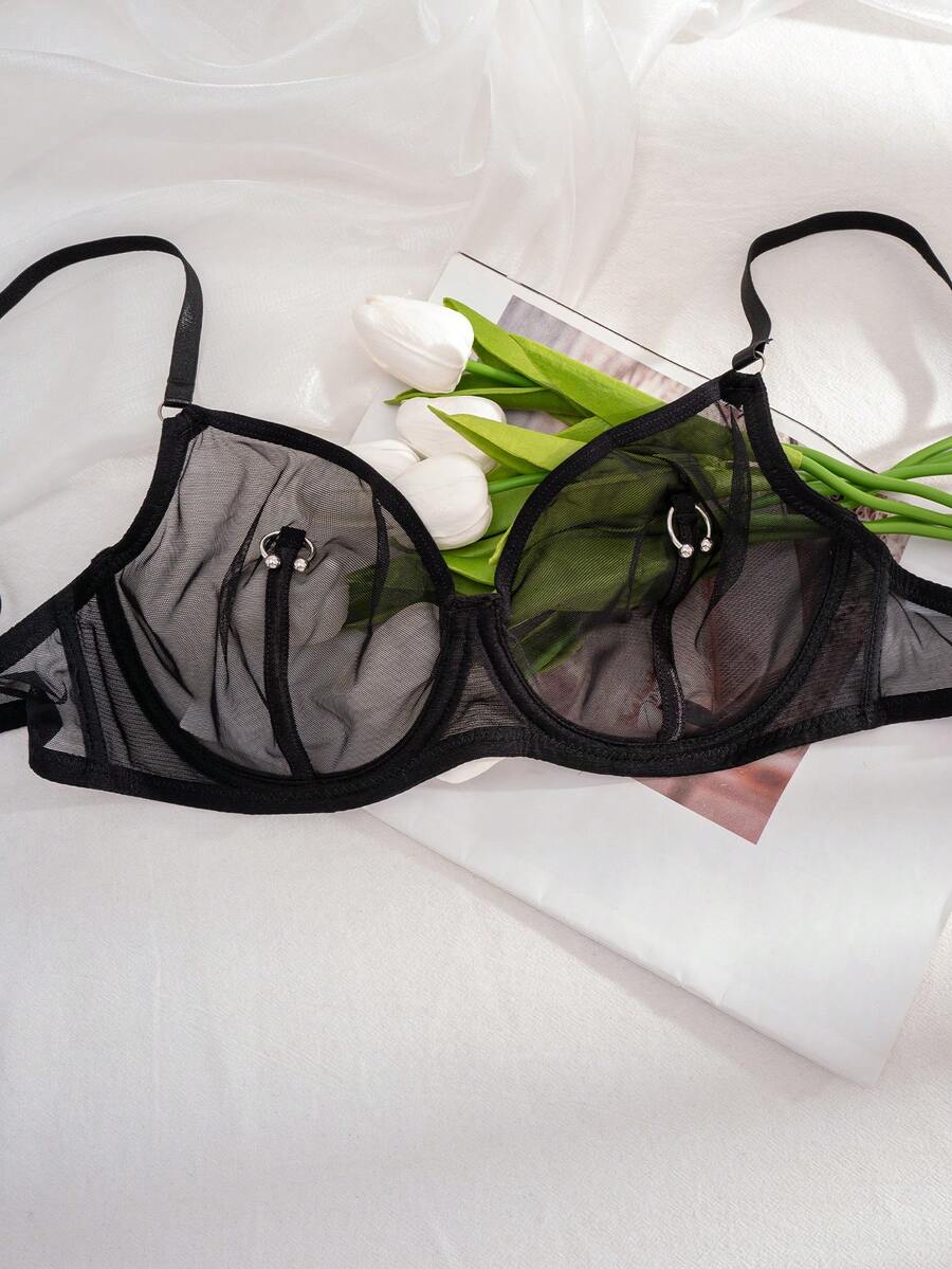 Black sheer 2-piece lingerie set for women featuring a backless underwire bra with clear straps and a matching low-rise thong.