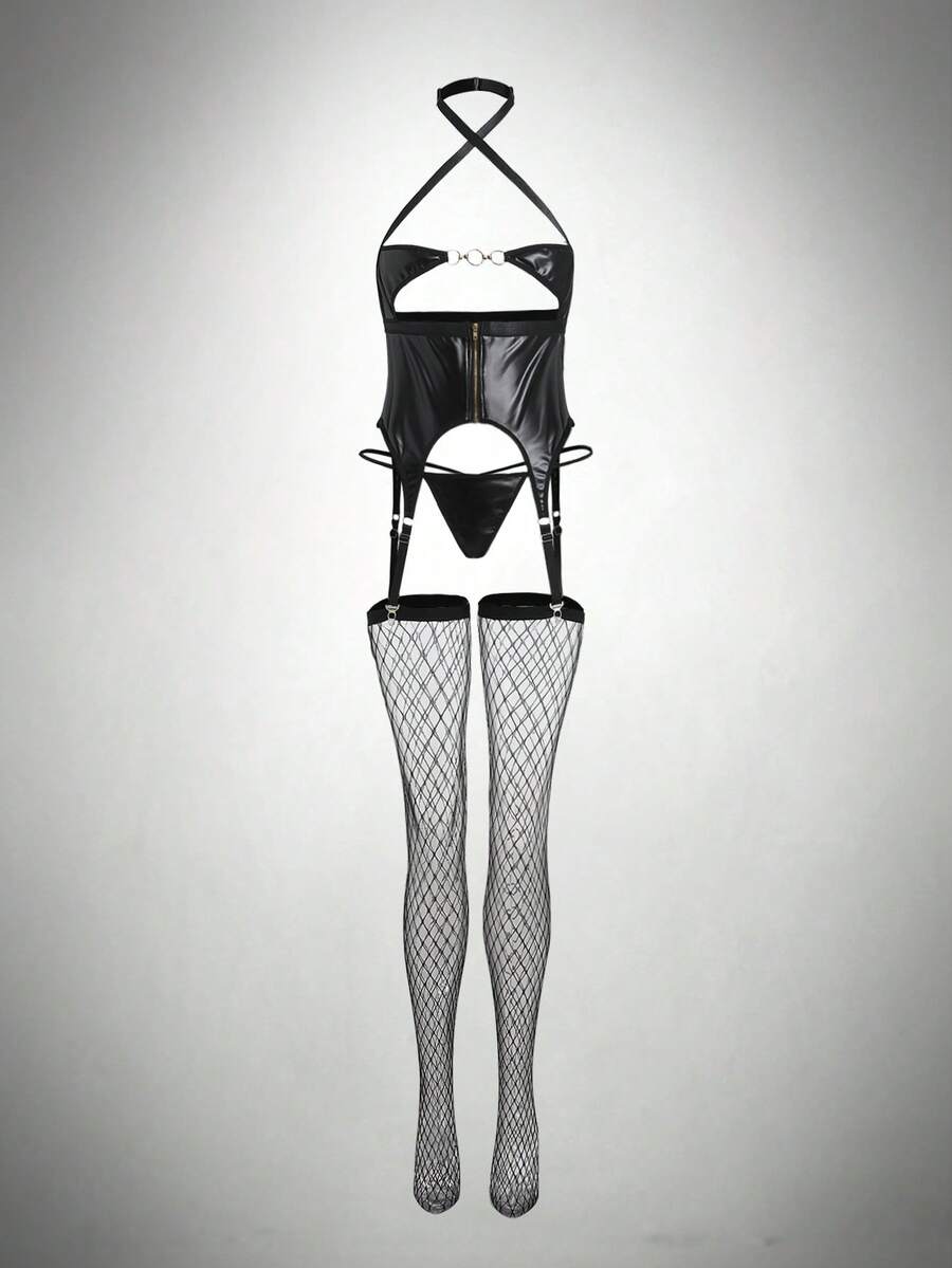 Black cut-out halter neck lingerie set for women featuring sheer medium stretch fabric and thong bottom.