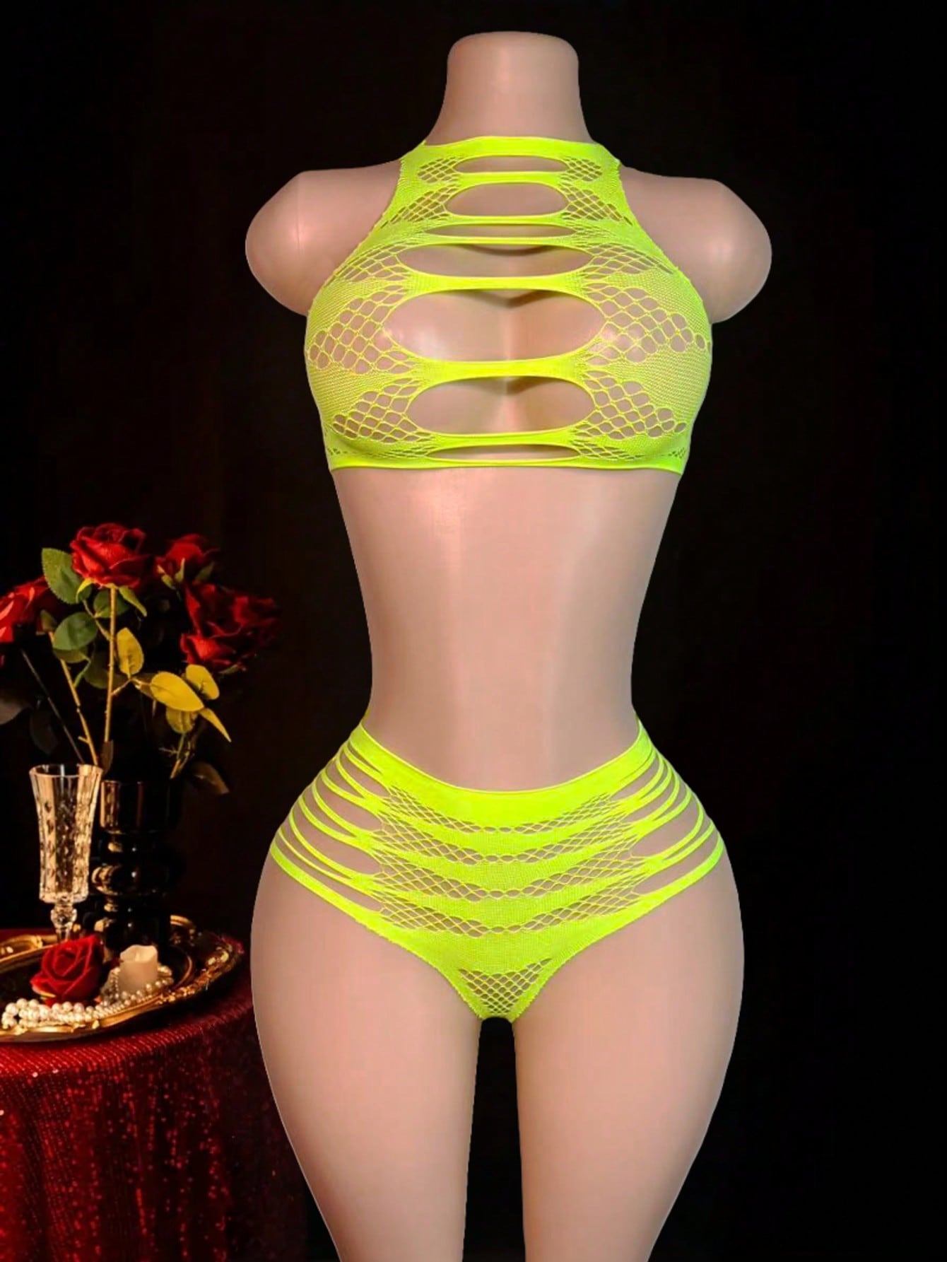 Women's 2-piece lace jumpsuit lingerie set with wireless full cup design, sleeveless crop styling, semi-sheer look, and high-stretch knitted fabric.