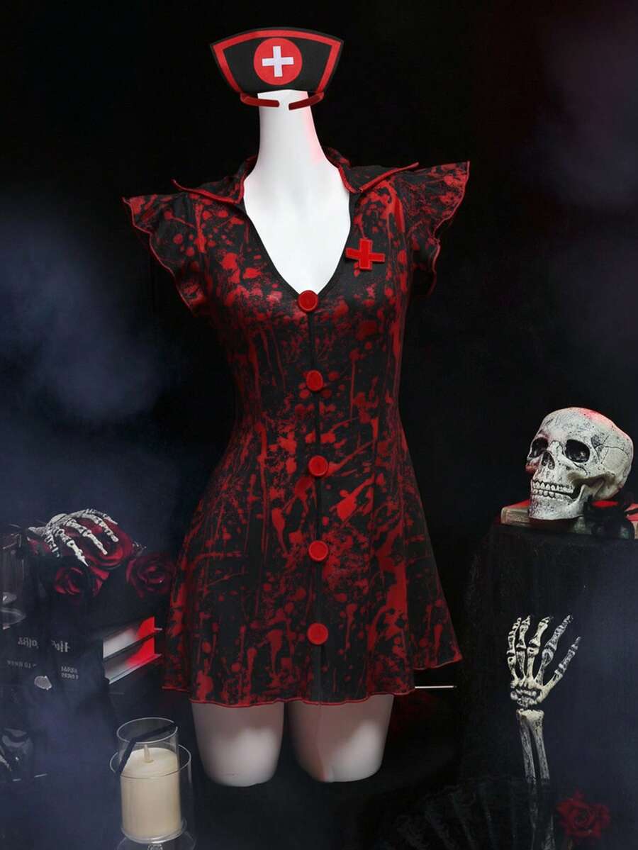 Women's 2-piece Halloween zombie nurse costume featuring a short sleeve collared mini dress with button front detail and adjustable straps.