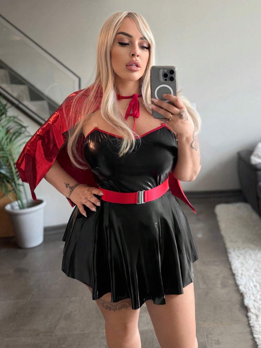 Black 3-piece superhero lingerie costume set for women featuring adjustable spaghetti straps, ruffle mini hem, wireless top, and matching V-string.