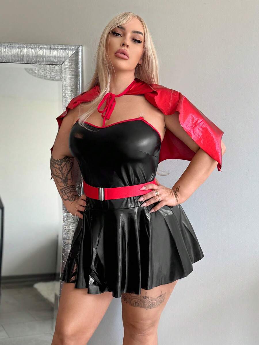 Black 3-piece superhero lingerie costume set for women featuring adjustable spaghetti straps, ruffle mini hem, wireless top, and matching V-string.