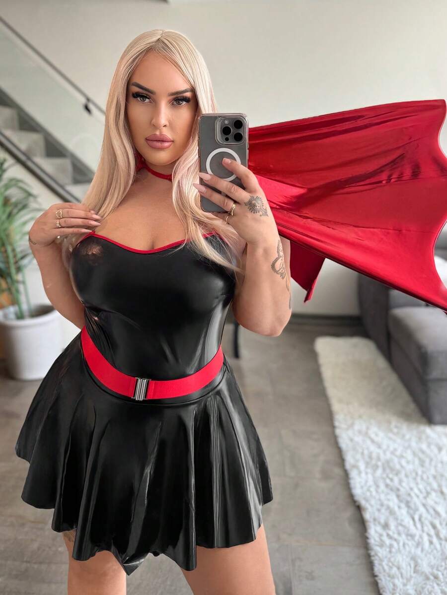 Black 3-piece superhero lingerie costume set for women featuring adjustable spaghetti straps, ruffle mini hem, wireless top, and matching V-string.