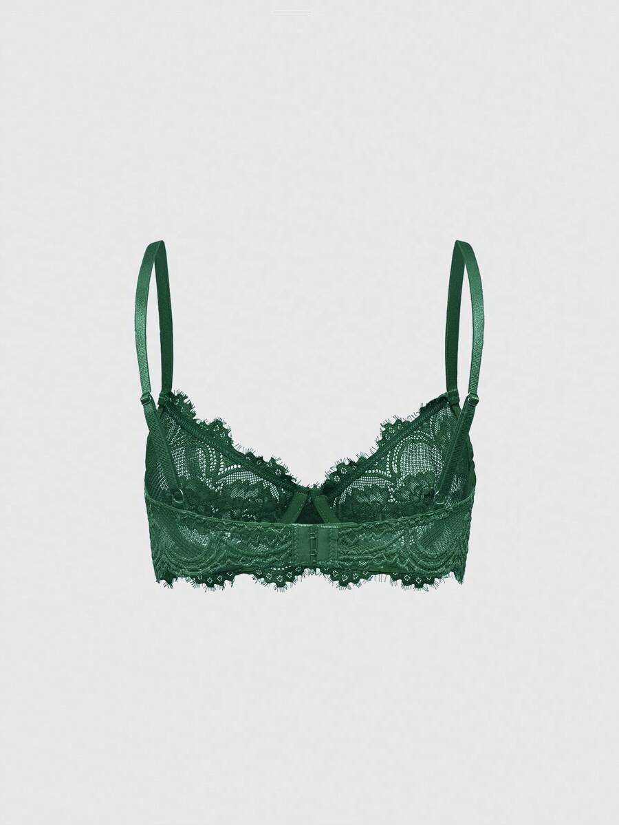 Black sheer floral lace plunge bra featuring underwire support, unlined triangle cups, adjustable straps, and a backless design for women.