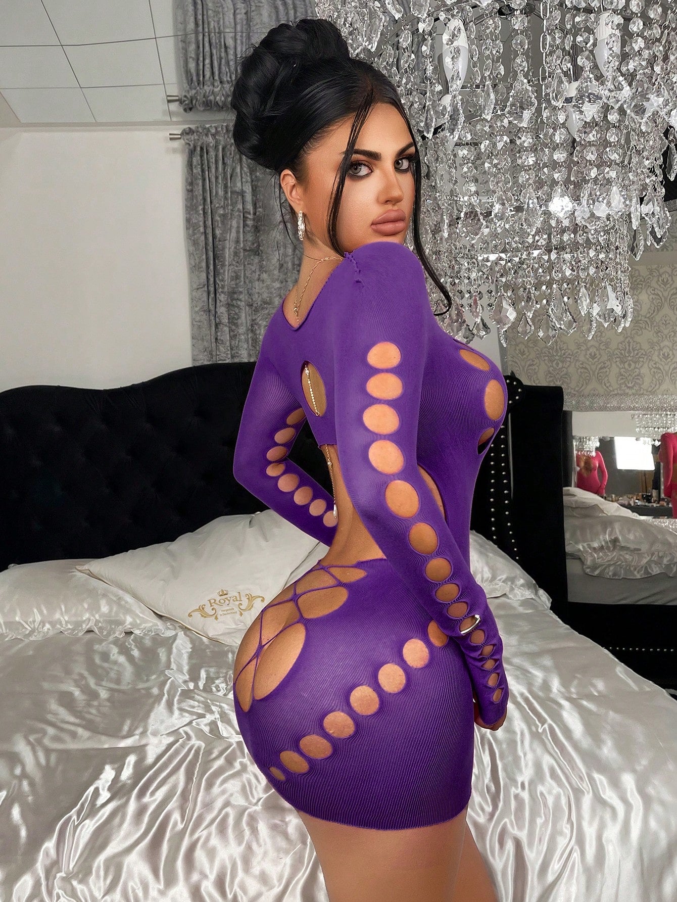 1pc Women's Sexy Fuchsia Bodycon Semi-Sheer Fishnet Dress, Suitable For Party, Nightclub, Beach