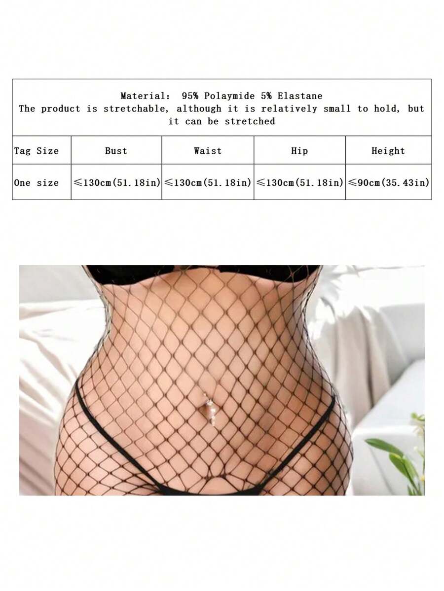 Women's black open crotch fishnet bodystocking featuring cut out details