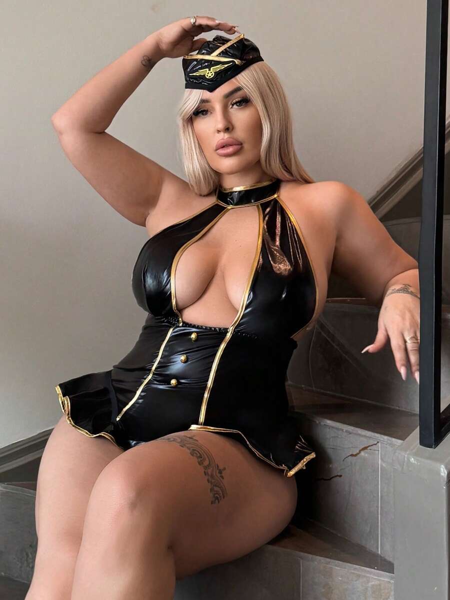 Black 2-piece flight attendant cosplay costume set featuring a sleeveless halter neck bodysuit with backless knot details.