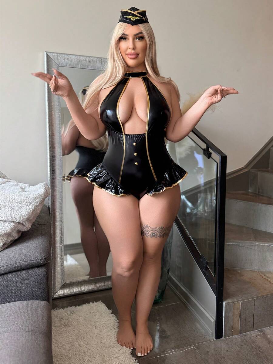 Black 2-piece flight attendant cosplay costume set featuring a sleeveless halter neck bodysuit with backless knot details.