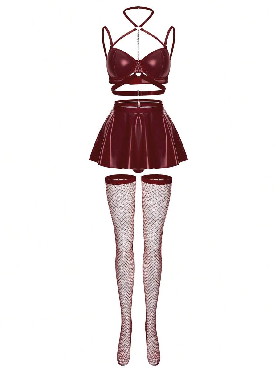 Black 5-piece PU leather lingerie set featuring a chain halter bralette, cut-out mini skirt, and matching thong.