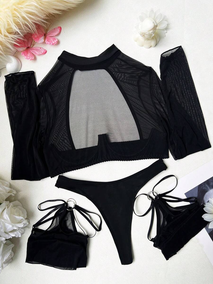Black sheer cut out lingerie set including triangle cup underwire bralette with adjustable straps and low rise thong panty.