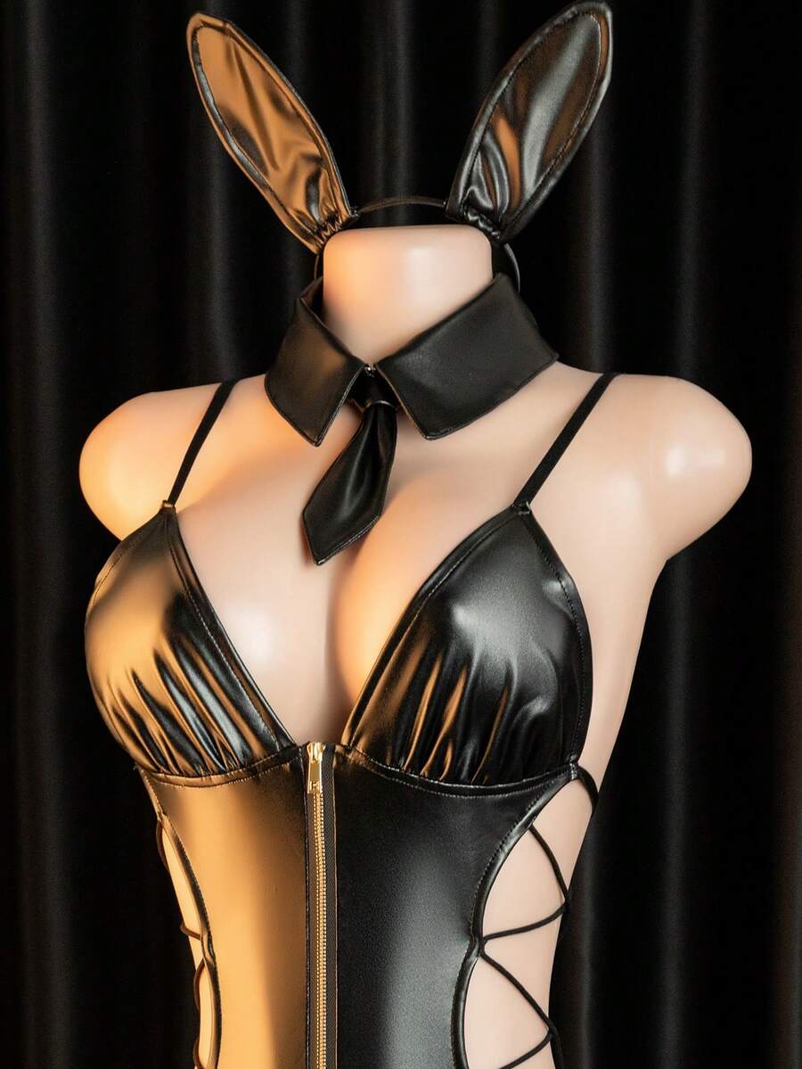 Women's black backless bunny girl lingerie costume 3-piece bodysuit set