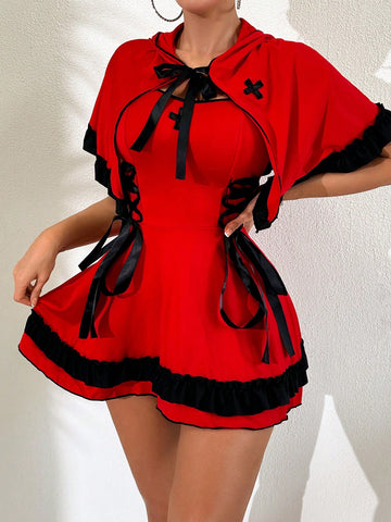 Red 2-piece Halloween cosplay costume set featuring a sleeveless ruffle hem mini dress with collar and matching cape for women.