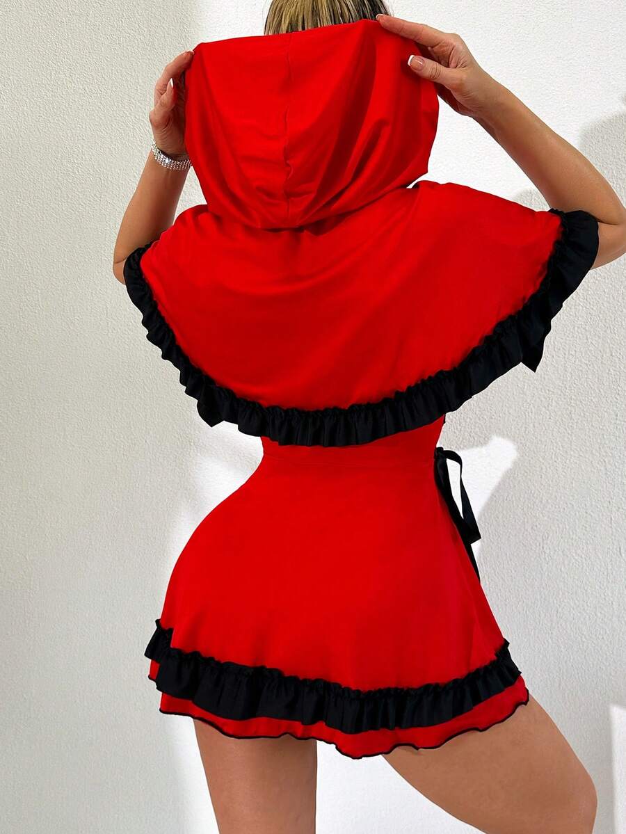 Red 2-piece Halloween cosplay costume set featuring a sleeveless ruffle hem mini dress with collar and matching cape for women.