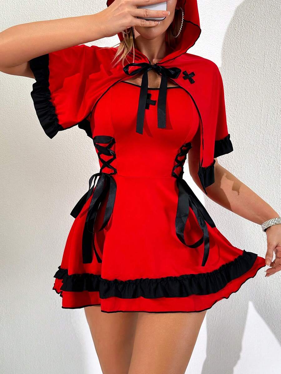 Red 2-piece Halloween cosplay costume set featuring a sleeveless ruffle hem mini dress with collar and matching cape for women.