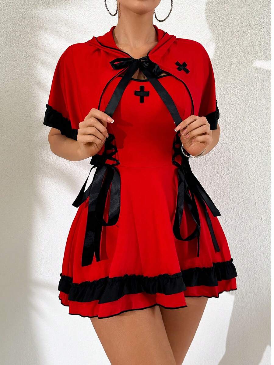 Red 2-piece Halloween cosplay costume set featuring a sleeveless ruffle hem mini dress with collar and matching cape for women.