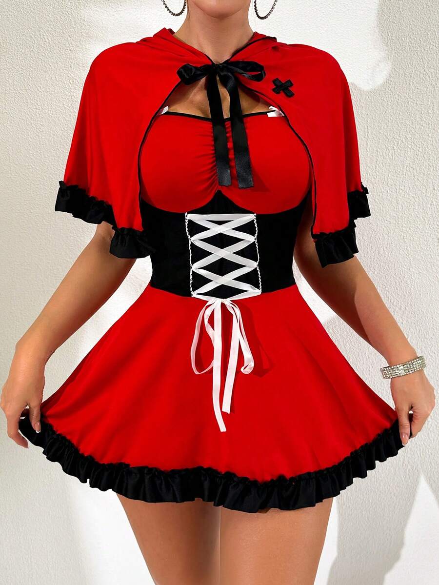 Red 2-piece women cosplay costume set featuring a tie-up mini camisole dress with adjustable straps and a matching hooded cape.