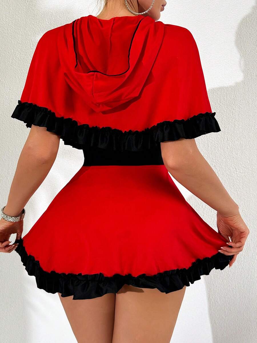 Red 2-piece women cosplay costume set featuring a tie-up mini camisole dress with adjustable straps and a matching hooded cape.