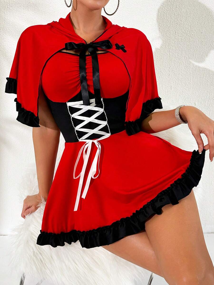 Red 2-piece women cosplay costume set featuring a tie-up mini camisole dress with adjustable straps and a matching hooded cape.