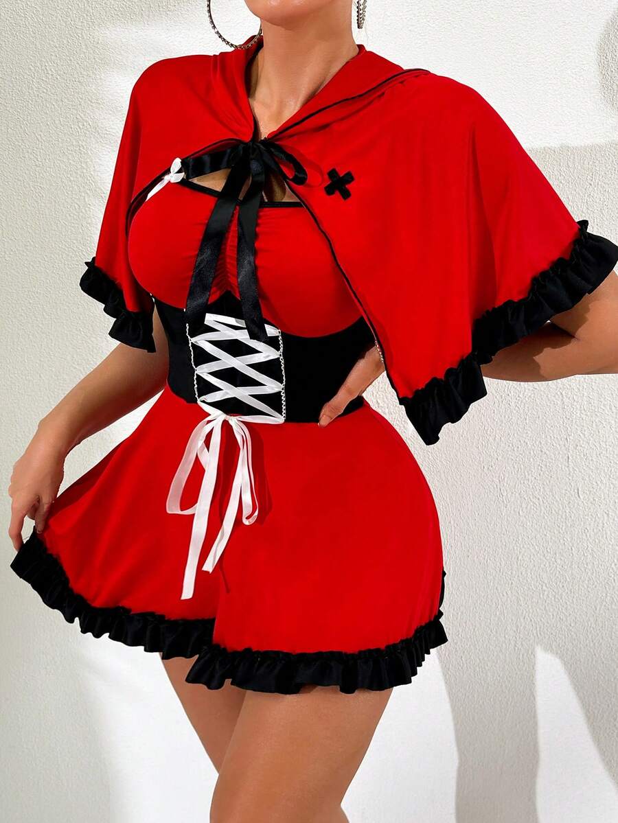 Red 2-piece women cosplay costume set featuring a tie-up mini camisole dress with adjustable straps and a matching hooded cape.