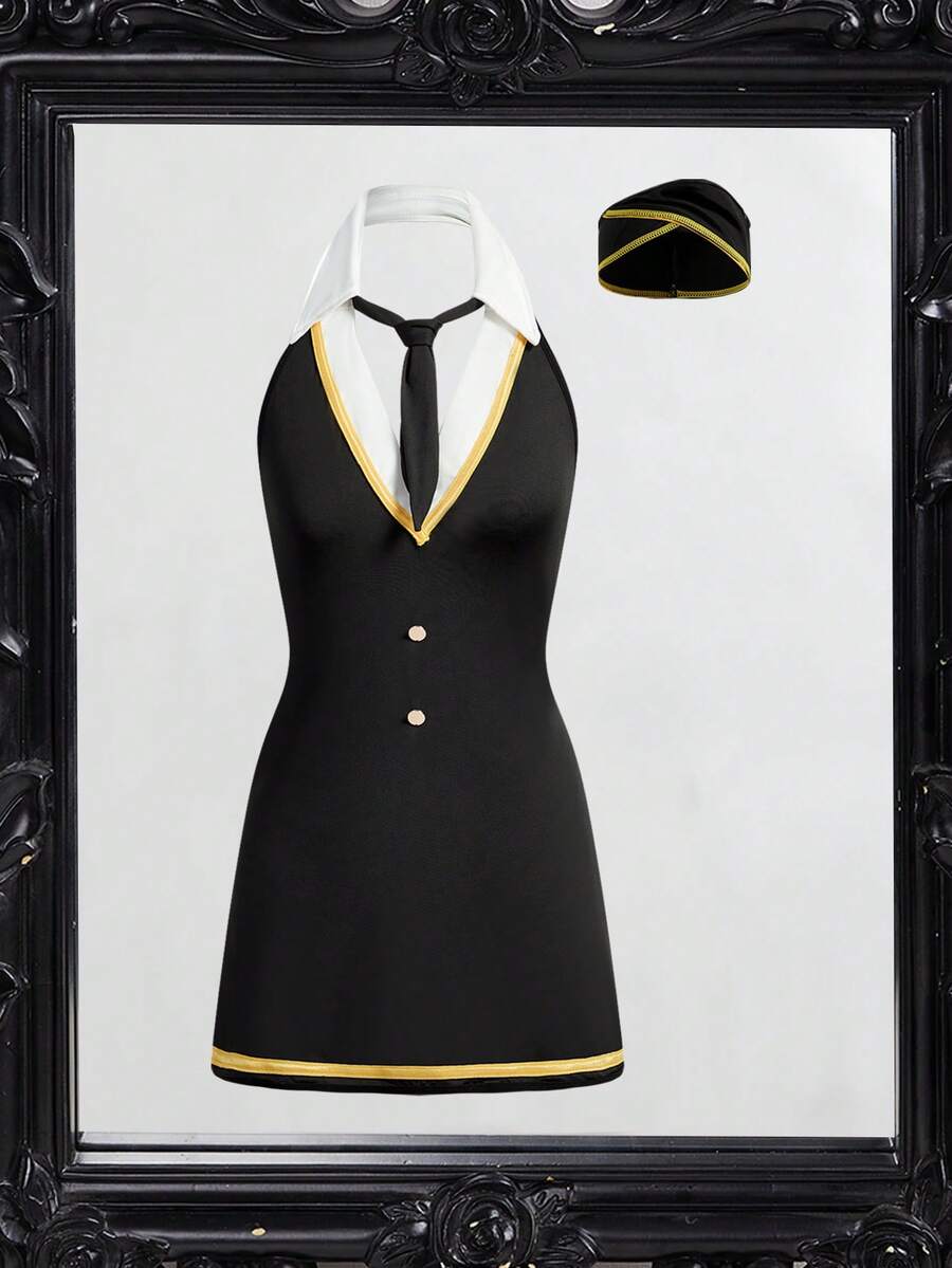 Black 4-piece stewardess costume set for women featuring a halter neckline with contrast binding, colorblock striped details, and adjustable straps.