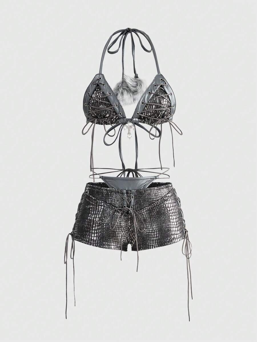 Women's black Y2K lace-up halter micro crop top and slim fit shorts 2-piece set with matching arm sleeves
