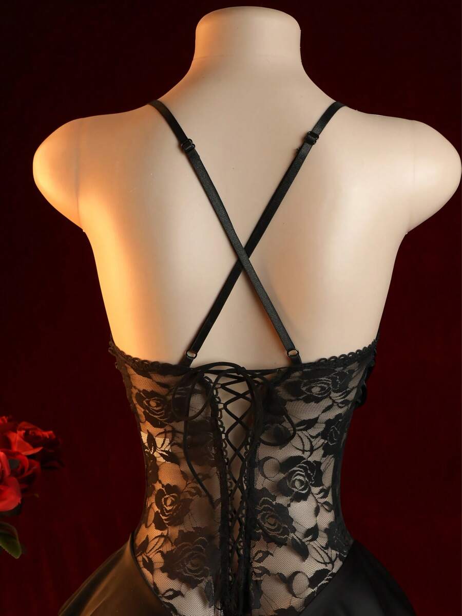 Women's black lace lingerie bodysuit crafted from semi-sheer mesh fabric, featuring contrast lace detailing, wireless briefs, and a sleeveless silhouette.