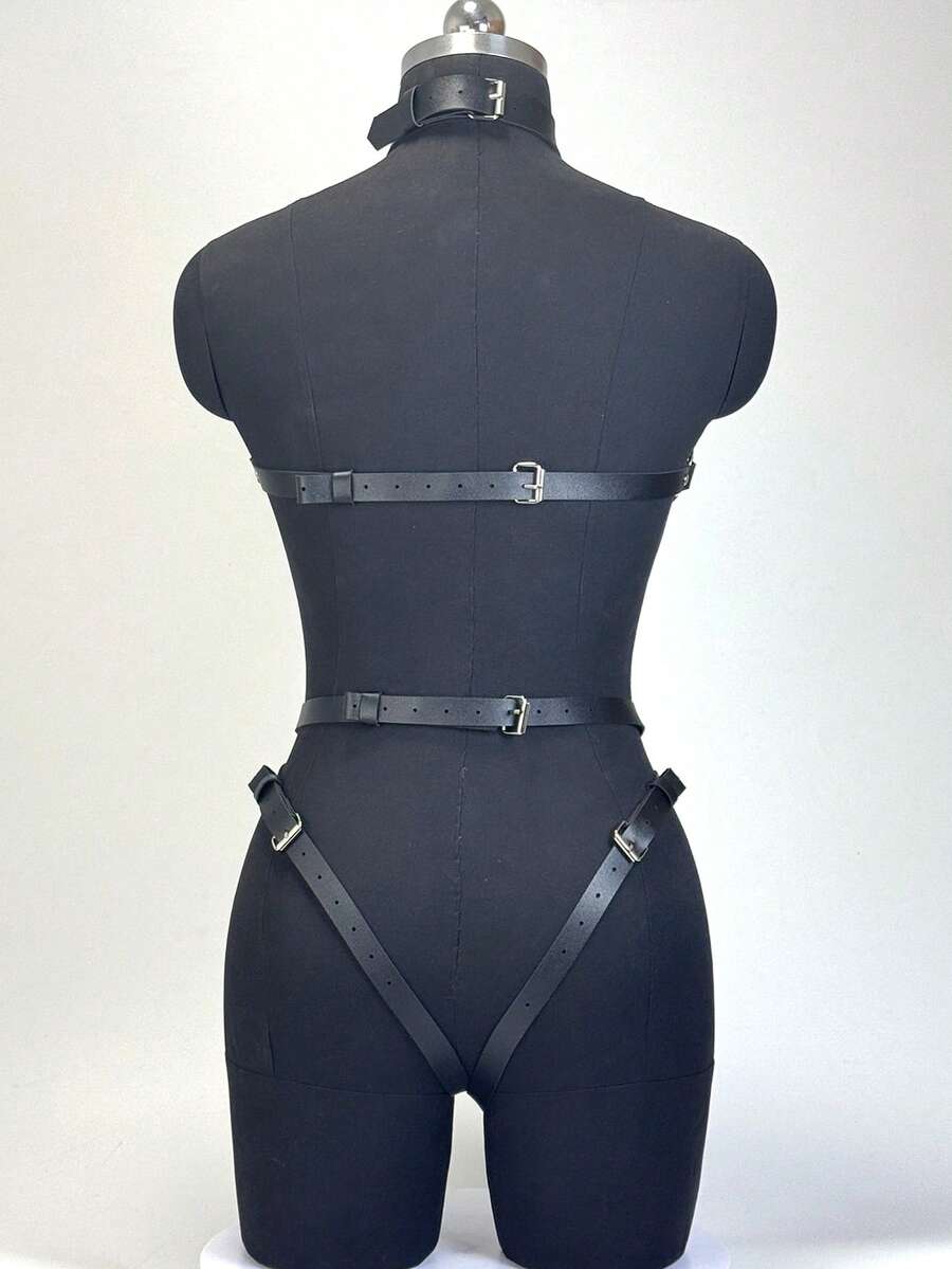 Black PVC leather harness lingerie set for women featuring ring details, restraint straps, thigh garters, and goth Y2K style.