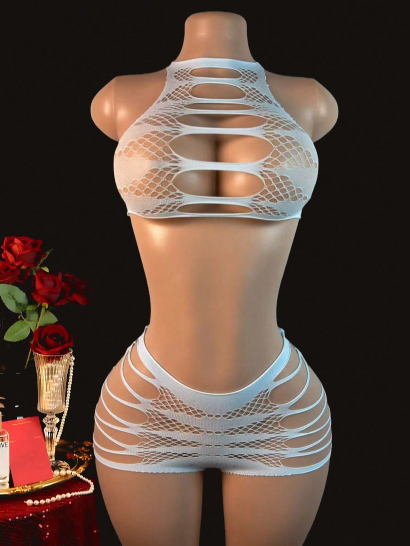Women's 2-piece lace jumpsuit lingerie set with wireless full cup design, sleeveless crop styling, semi-sheer look, and high-stretch knitted fabric.