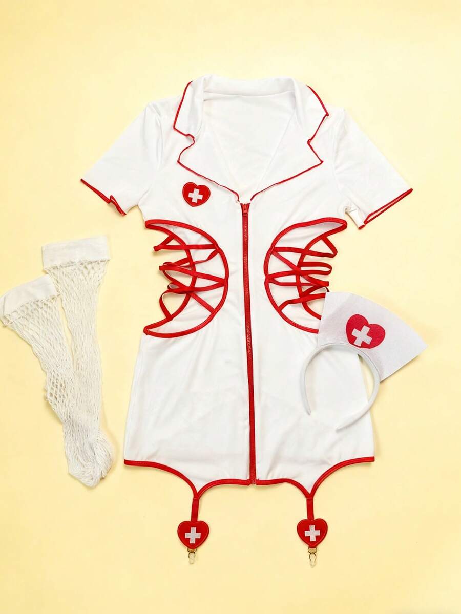 3-piece women's white roleplay costume set featuring a short sleeve dress with collar and button front detail.