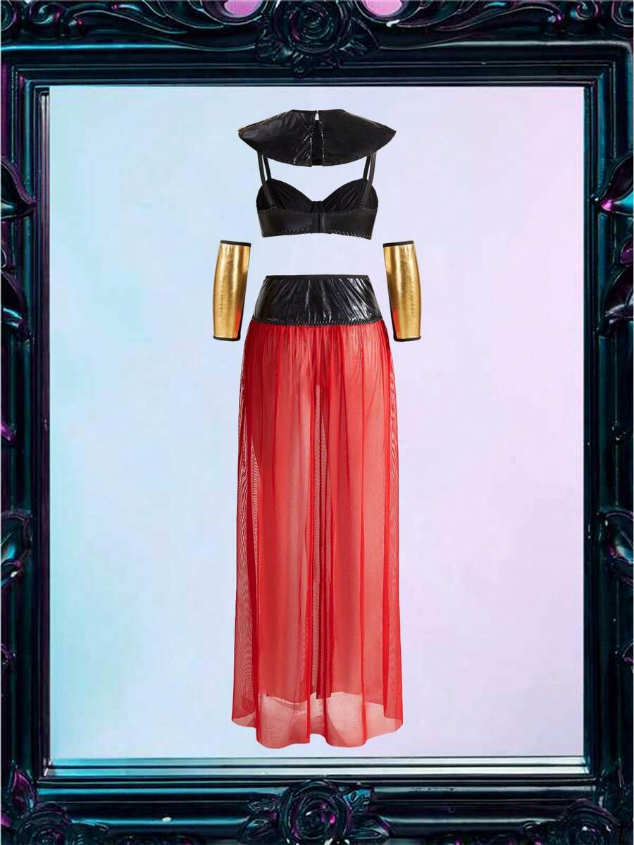 Women's 5-piece black sexy Halloween costume set featuring a spaghetti strap bra top, long skirt with cut out mesh details, shawl, gloves, and headpiece.