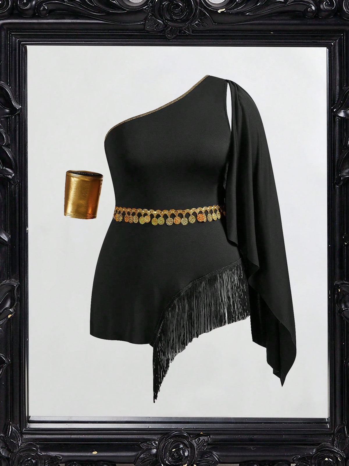 Women's black fringed one-shoulder costume dress featuring an asymmetrical neckline, sleeveless short cut, and high-stretch knitted fabric for Halloween cosplay.