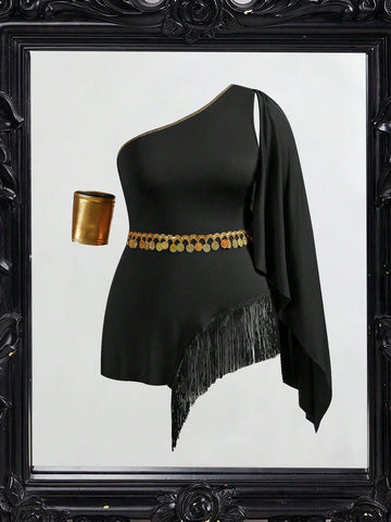 Women's black fringed one-shoulder costume dress featuring an asymmetrical neckline, sleeveless short cut, and high-stretch knitted fabric for Halloween cosplay.