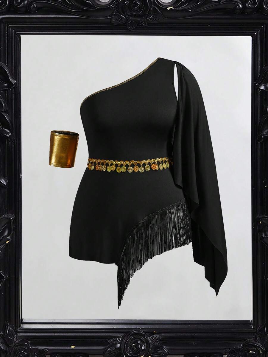 Women's black fringed one-shoulder costume dress featuring an asymmetrical neckline, sleeveless short cut, and high-stretch knitted fabric for Halloween cosplay.