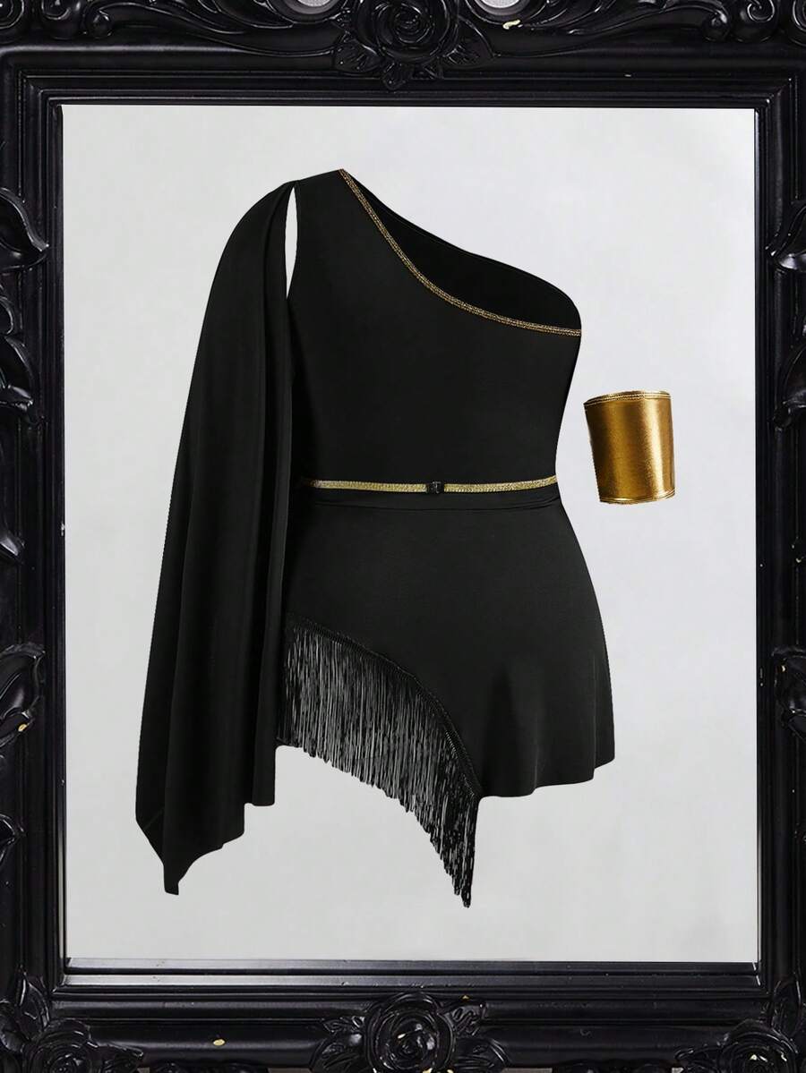 Women's black fringed one-shoulder costume dress featuring an asymmetrical neckline, sleeveless short cut, and high-stretch knitted fabric for Halloween cosplay.