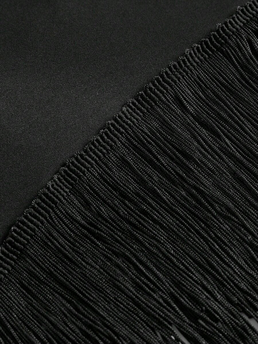 Women's black fringed one-shoulder costume dress featuring an asymmetrical neckline, sleeveless short cut, and high-stretch knitted fabric for Halloween cosplay.