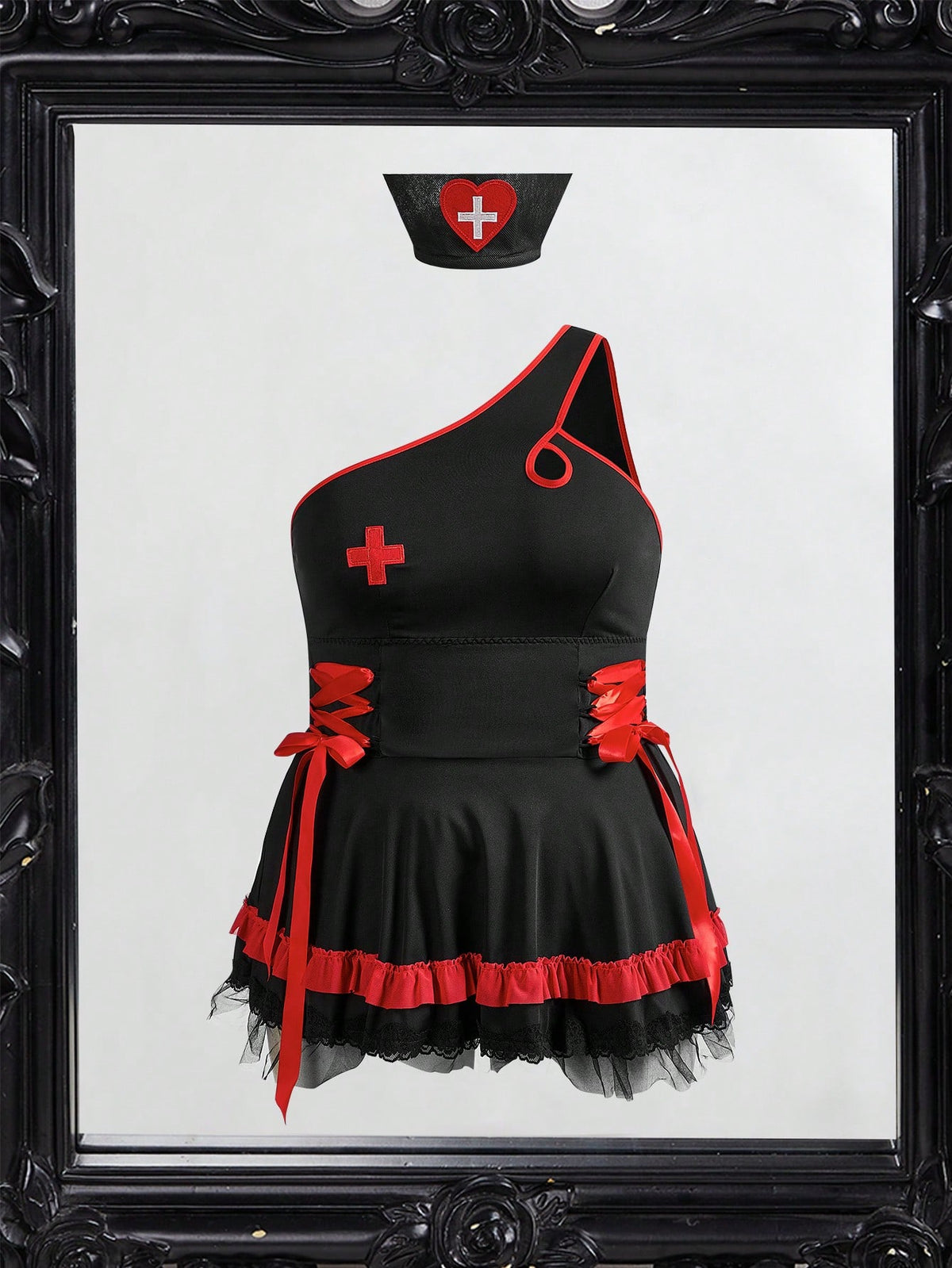 Black 2-piece roleplay lingerie set for women featuring a short sleeveless dress with contrast lace-up details and a matching headpiece.