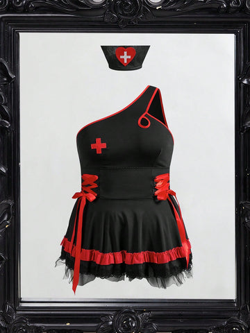Black 2-piece roleplay lingerie set for women featuring a short sleeveless dress with contrast lace-up details and a matching headpiece.