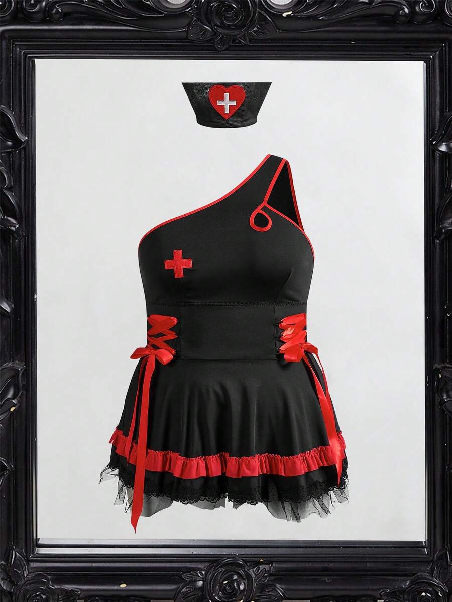 Black 2-piece roleplay lingerie set for women featuring a short sleeveless dress with contrast lace-up details and a matching headpiece.