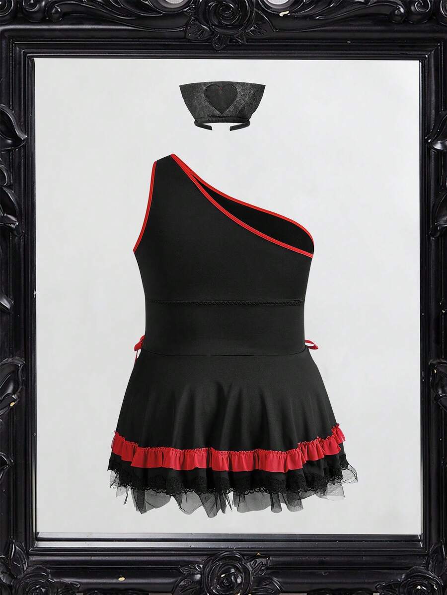Black 2-piece roleplay lingerie set for women featuring a short sleeveless dress with contrast lace-up details and a matching headpiece.