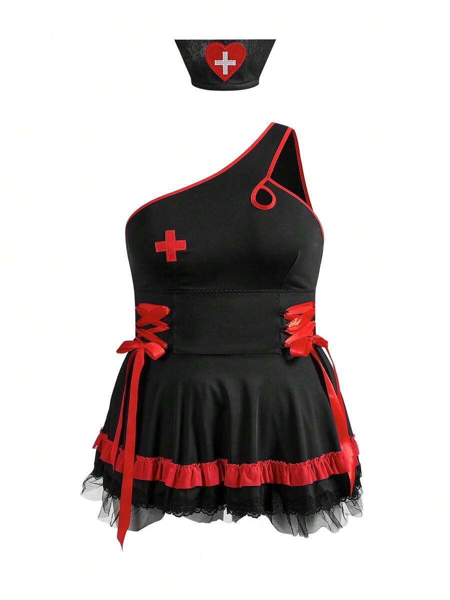 Black 2-piece roleplay lingerie set for women featuring a short sleeveless dress with contrast lace-up details and a matching headpiece.