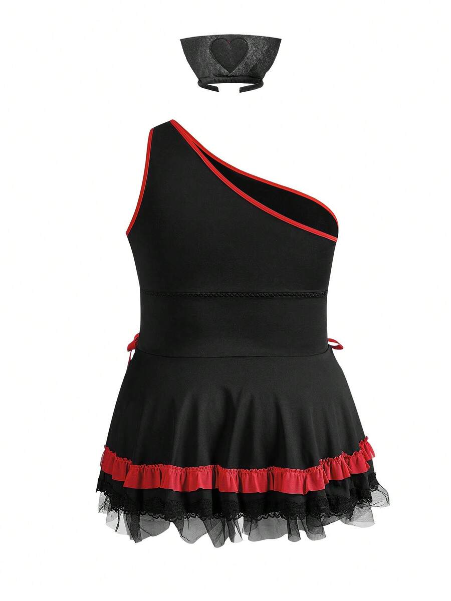 Black 2-piece roleplay lingerie set for women featuring a short sleeveless dress with contrast lace-up details and a matching headpiece.