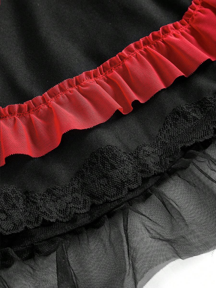 Black 2-piece roleplay lingerie set for women featuring a short sleeveless dress with contrast lace-up details and a matching headpiece.