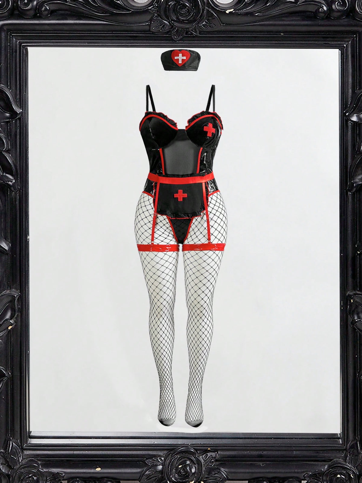 Black 4-piece nurse roleplay lingerie set featuring a sheer halter neck bodysuit with frill trim, matching leg cuffs, fishnet stockings, and headpiece.