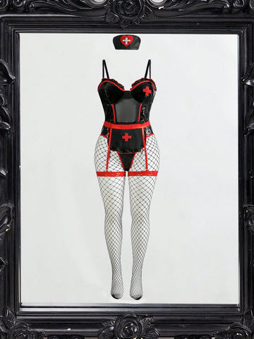 Black 4-piece nurse roleplay lingerie set featuring a sheer halter neck bodysuit with frill trim, matching leg cuffs, fishnet stockings, and headpiece.