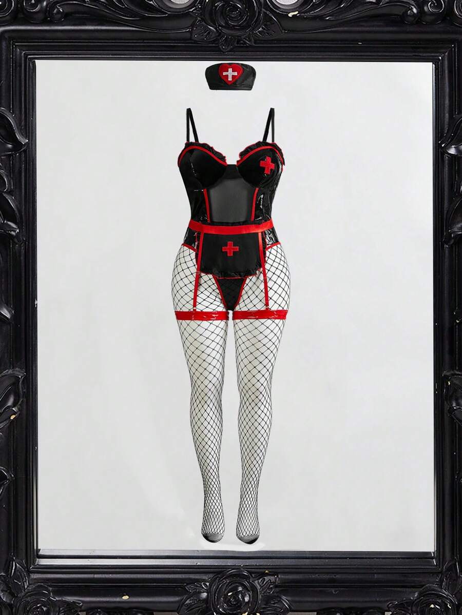 Black 4-piece nurse roleplay lingerie set featuring a sheer halter neck bodysuit with frill trim, matching leg cuffs, fishnet stockings, and headpiece.