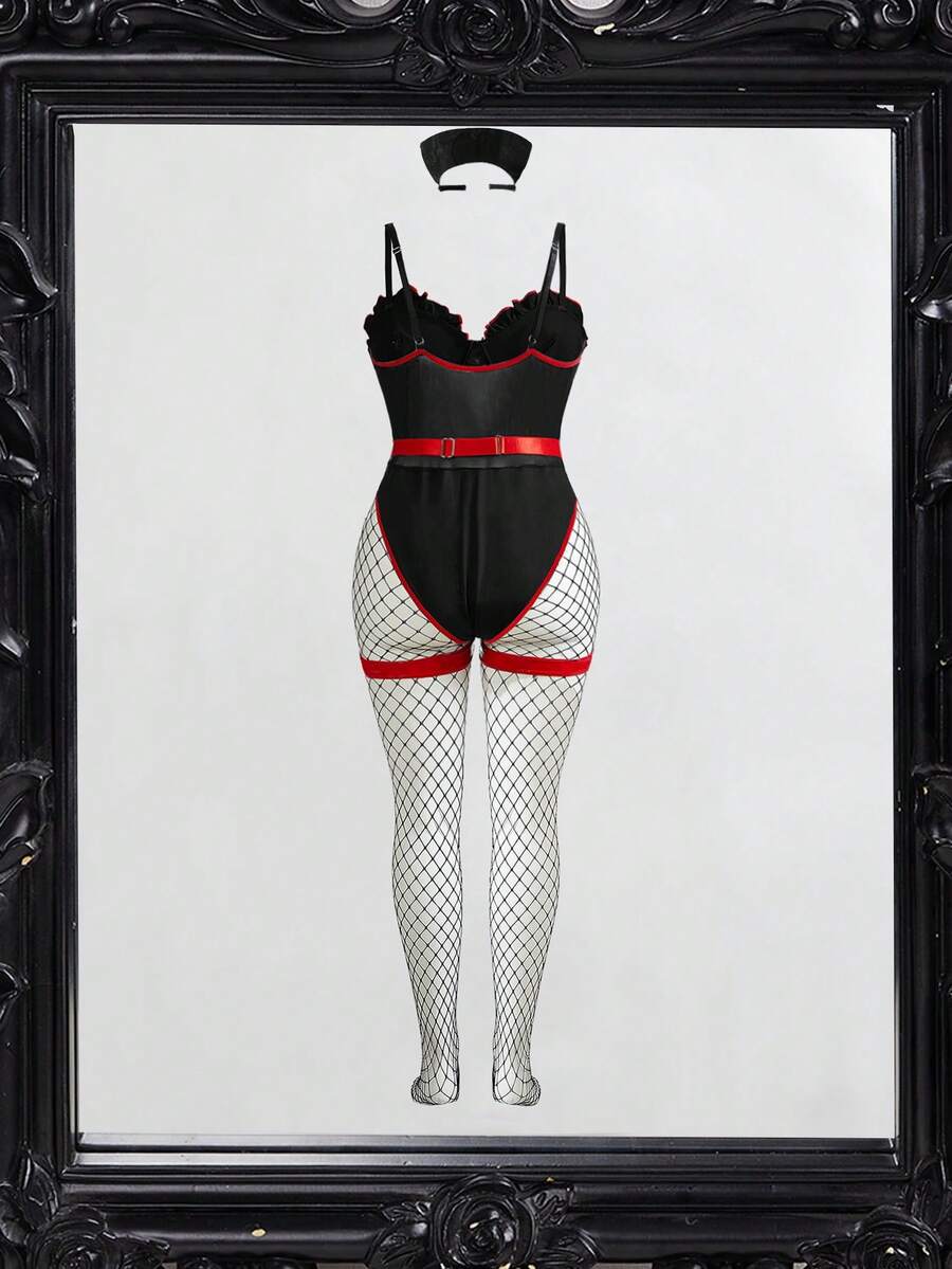 Black 4-piece nurse roleplay lingerie set featuring a sheer halter neck bodysuit with frill trim, matching leg cuffs, fishnet stockings, and headpiece.