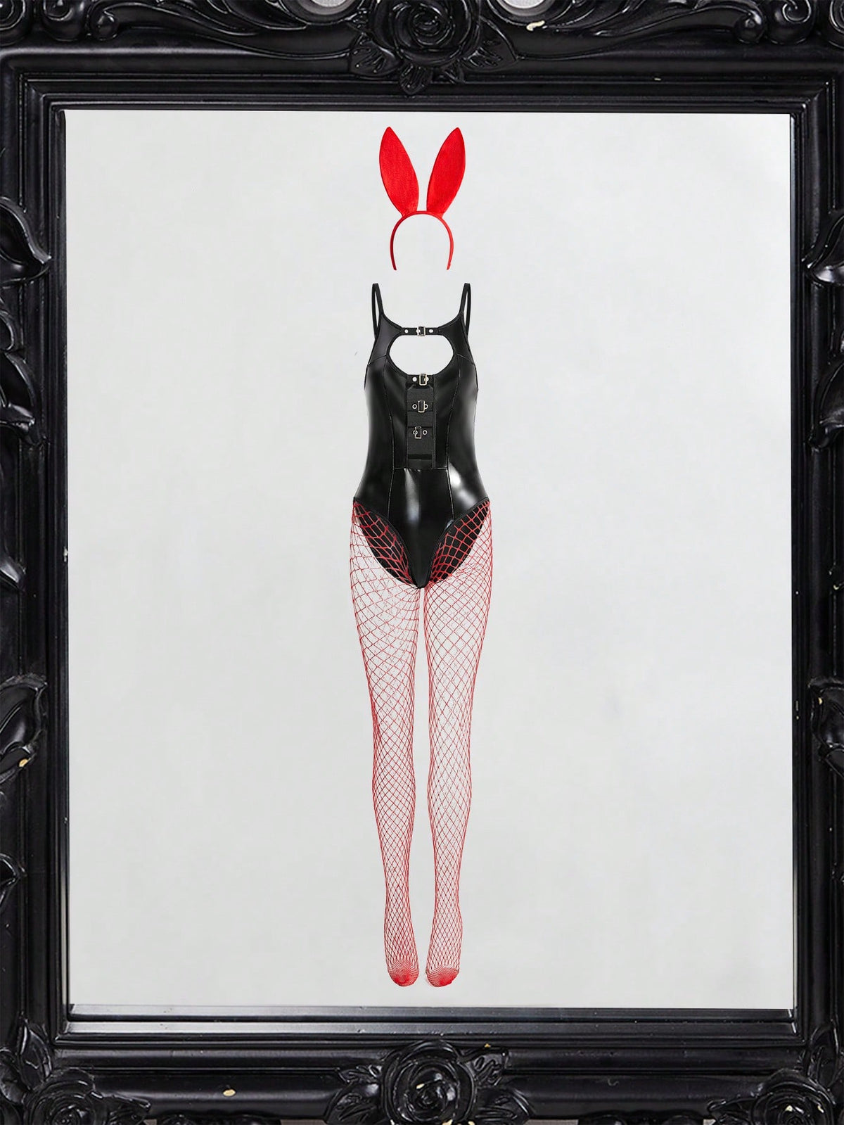 Women's black bunny costume set featuring a cut-out lace-up sleeveless bodysuit with spaghetti straps, fishnet stockings, and headpiece.